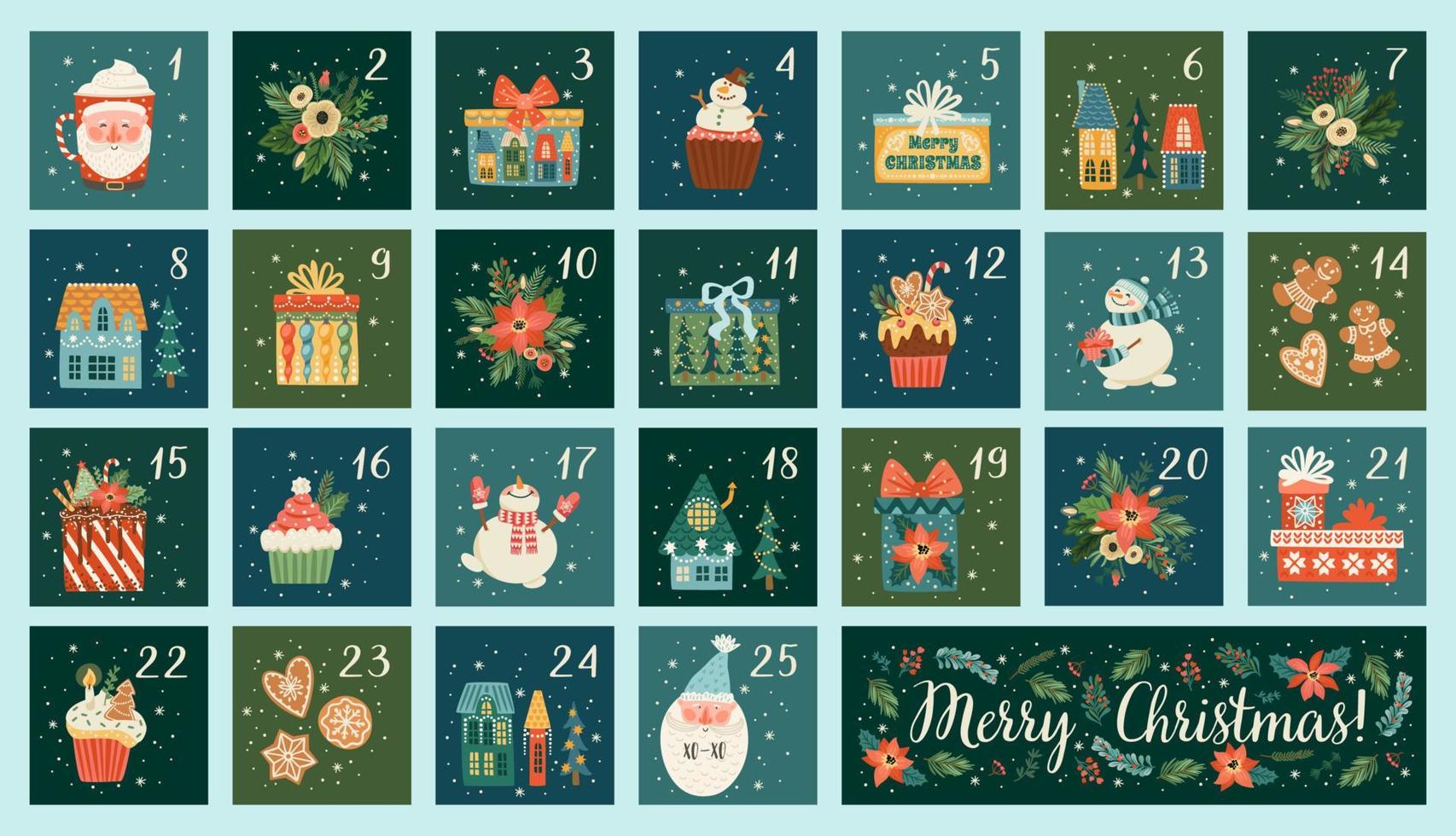 December advent calendar. Cute Christmas illusstrations with new year symbols. Vector design template.