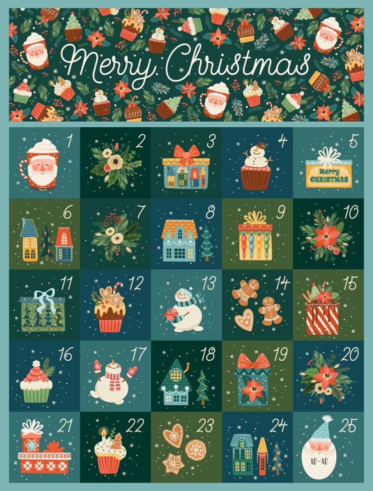 December advent calendar. Cute Christmas illusstrations with new year symbols. Vector design template.