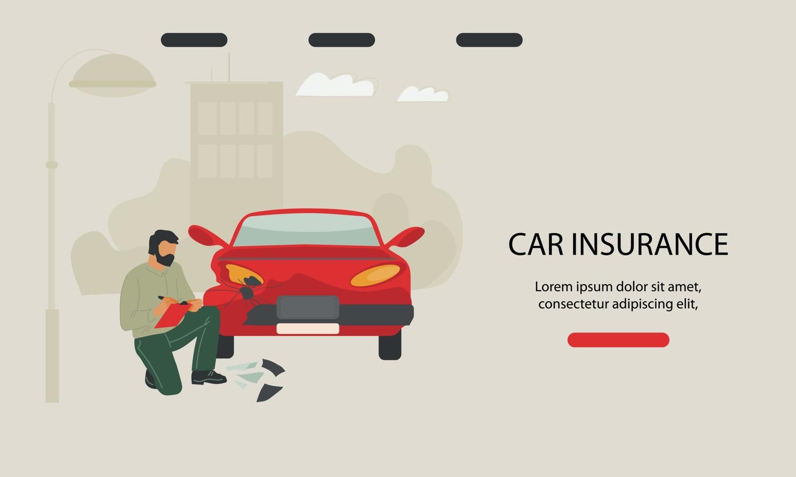 Car insurance service website banner template with agent filling out a car accident application form. An accident inspector examines vehicle damage. Flat vector illustration.