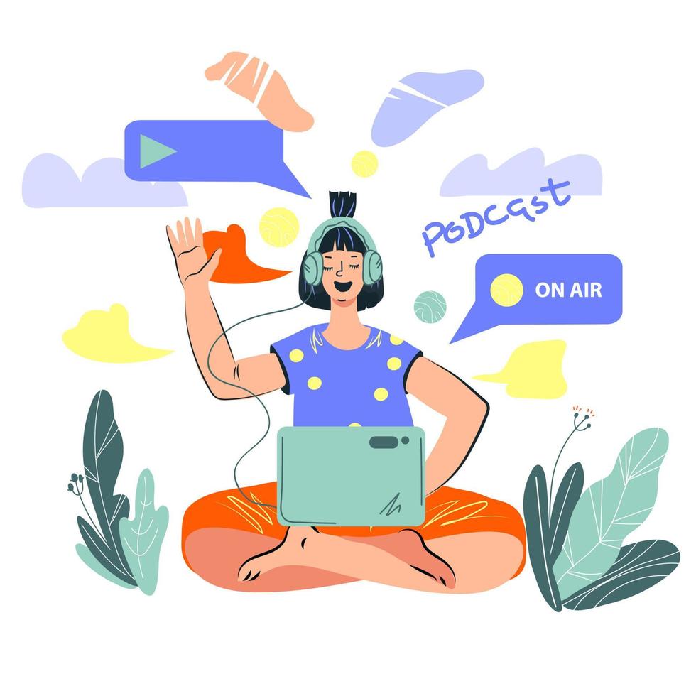 Online live streaming and podcast concept with woman cartoon character, blogger leading social media broadcasting. Online radio transmission, blogging and vlogging. Cartoon vector illustration.