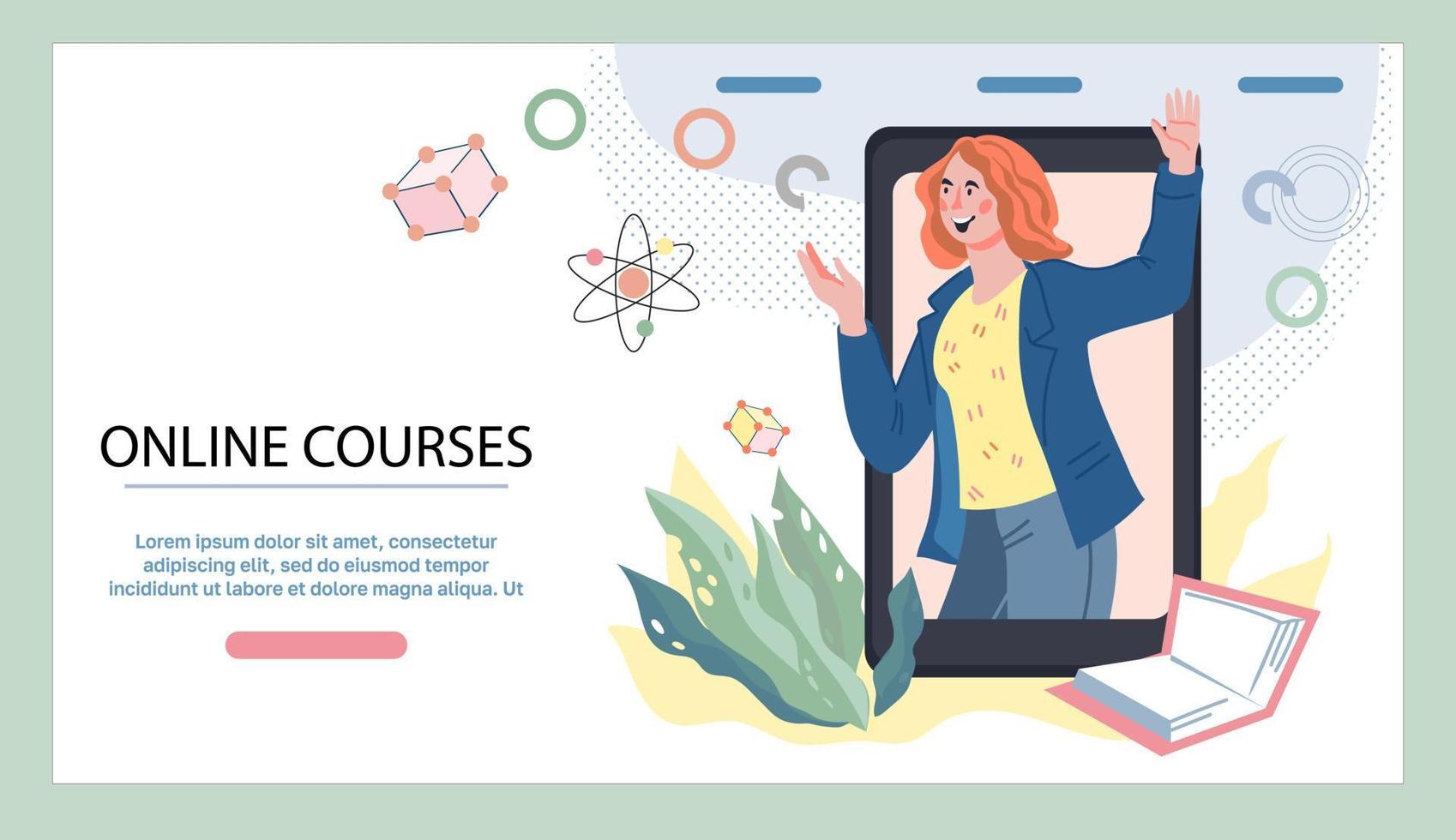 banner del sitio web de cursos a distancia en línea o plantilla de página de destino. cursos educativos y tecnología de internet de aprendizaje electrónico remoto. ilustración vectorial plana. ilustraciones de adobe illustrator vector