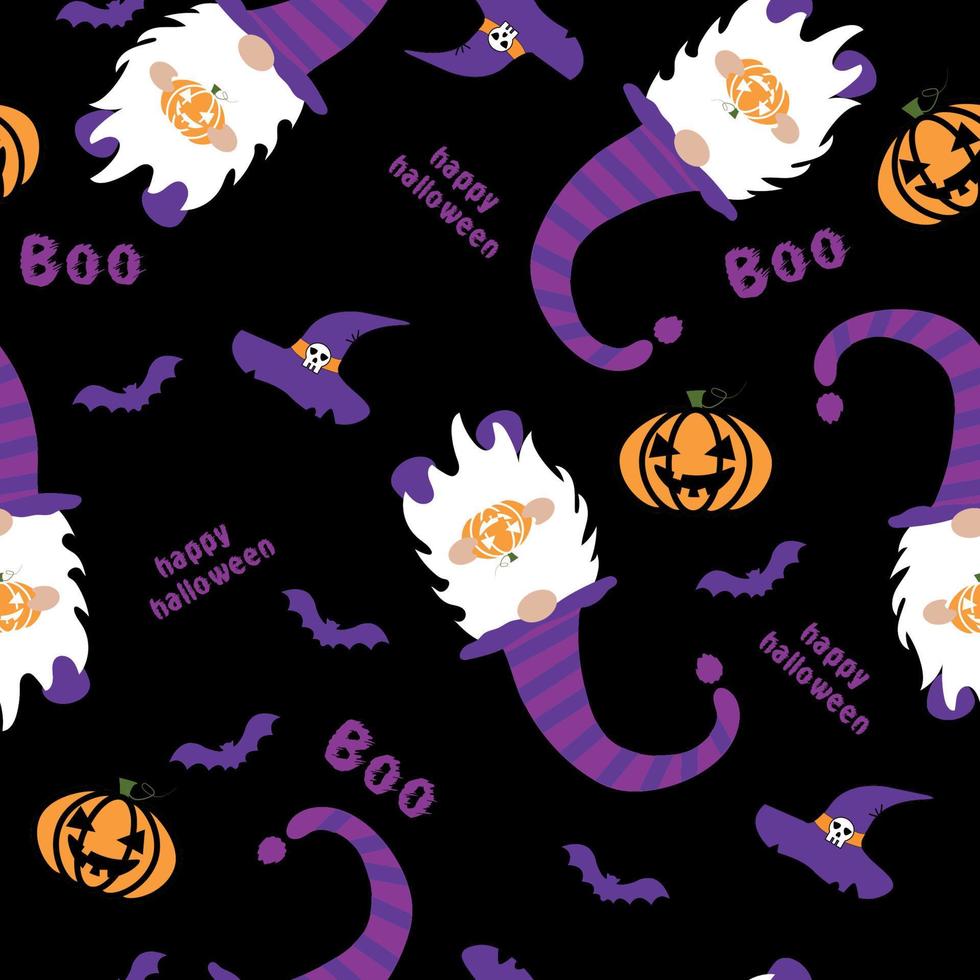 halloween paternHalloween seamless pattern. Vector background with pumpkin, gnome and bats, witch hat. Cute autumn design. Black spooky wallpaper illustrations. Scary holiday horror sketch.