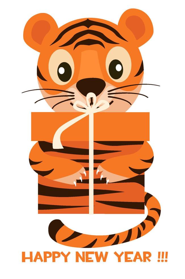 Postcard happy new year tiger with gift for graphic design. Vector illustration banner with cute tiger and surprise box.