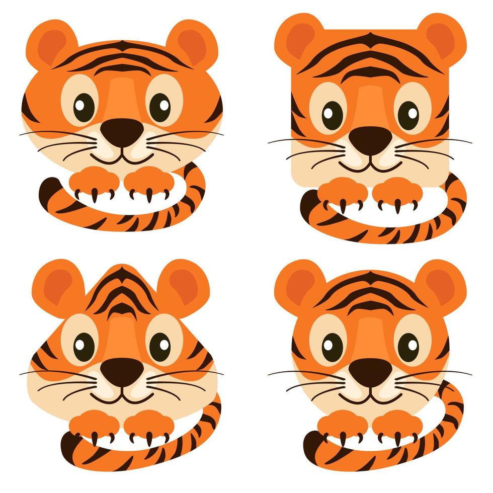 la caricatura se enfrenta a lindos tigres en diferentes formas. conjunto de ilustraciones vectoriales tigres naranjas redondos, cuadrados, triangulares para diseño gráfico vector