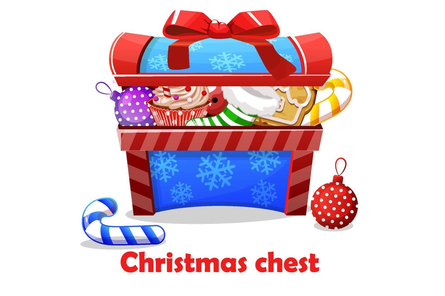 Christmas chest with candy and toy gifts for graphic design. Vector illustration isolated box with New Year snowflake for ui.