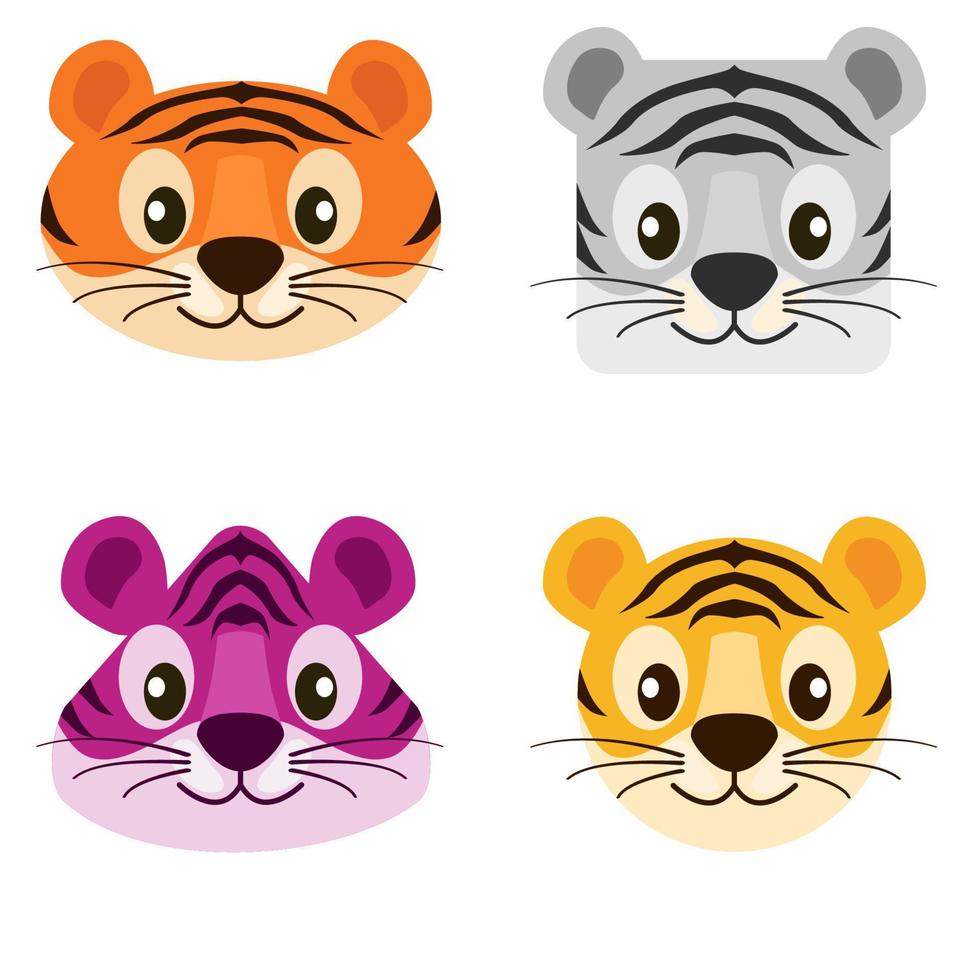 caras coloridas de dibujos animados lindos tigres en diferentes formas. ilustración vectorial establece tigres brillantes redondos, cuadrados, triangulares para diseño gráfico. vector