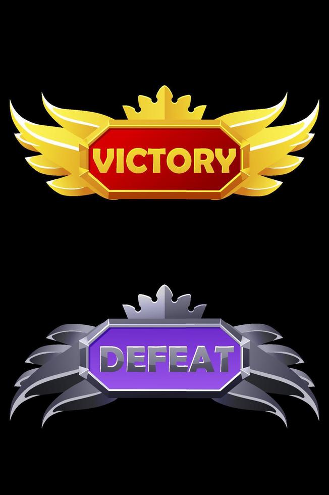 Victory and defeat pop up golden assets award with crown for game. Vector illustration set logo metal banner with wings.