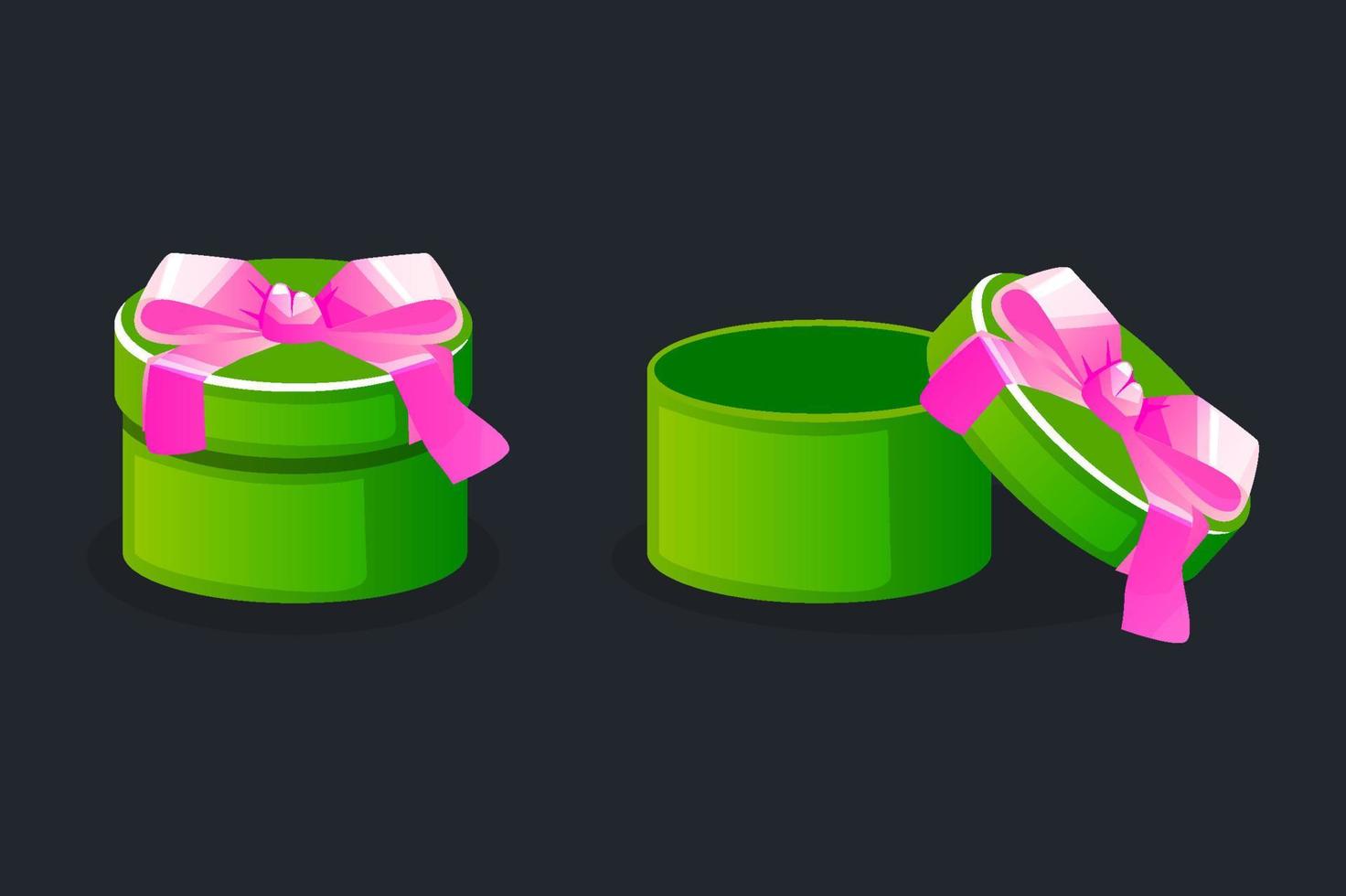 Round open and closed green gift boxes with bow for games. Vector illustration set empty box graphic element.