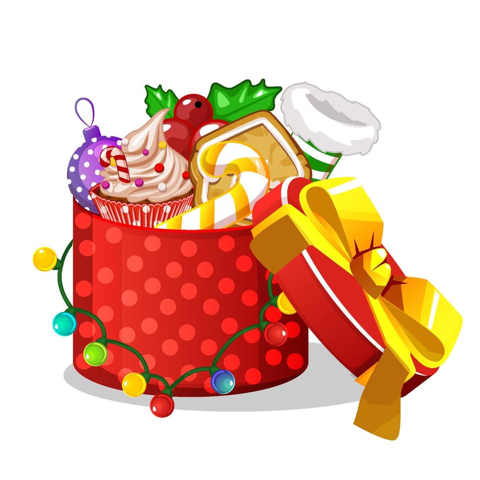 Christmas box with candy and garland for graphic design. Vector illustration isolated red New Year gift for ui.