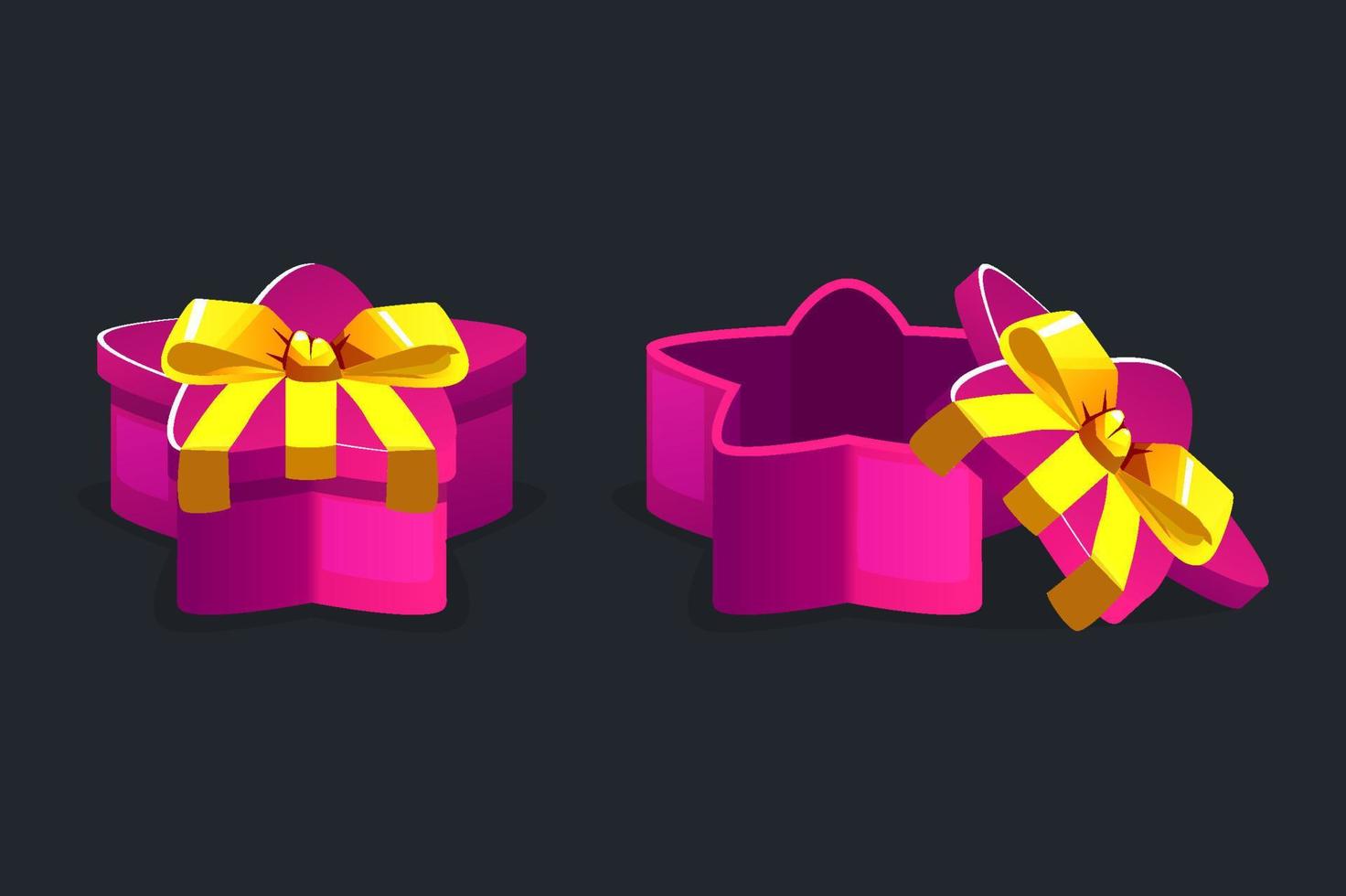 Open and closed star shaped gift boxes for games. Vector illustration set of empty purple boxes with bow isolated.