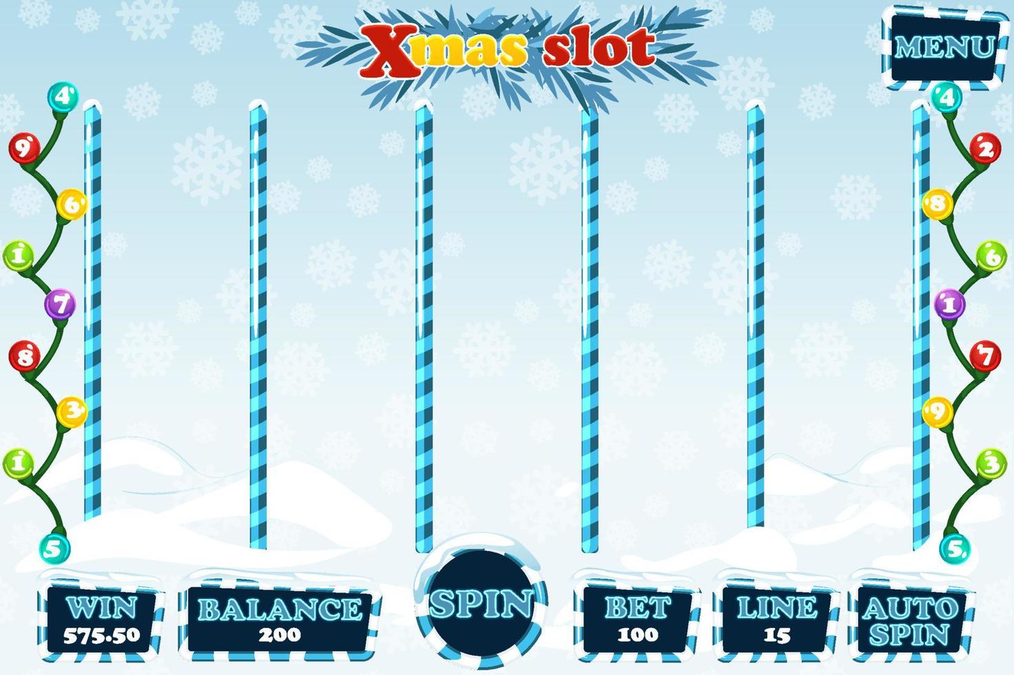 Christmas slot gui menu spin, screen for the game. Vector illustration New Years background with snow and garland.