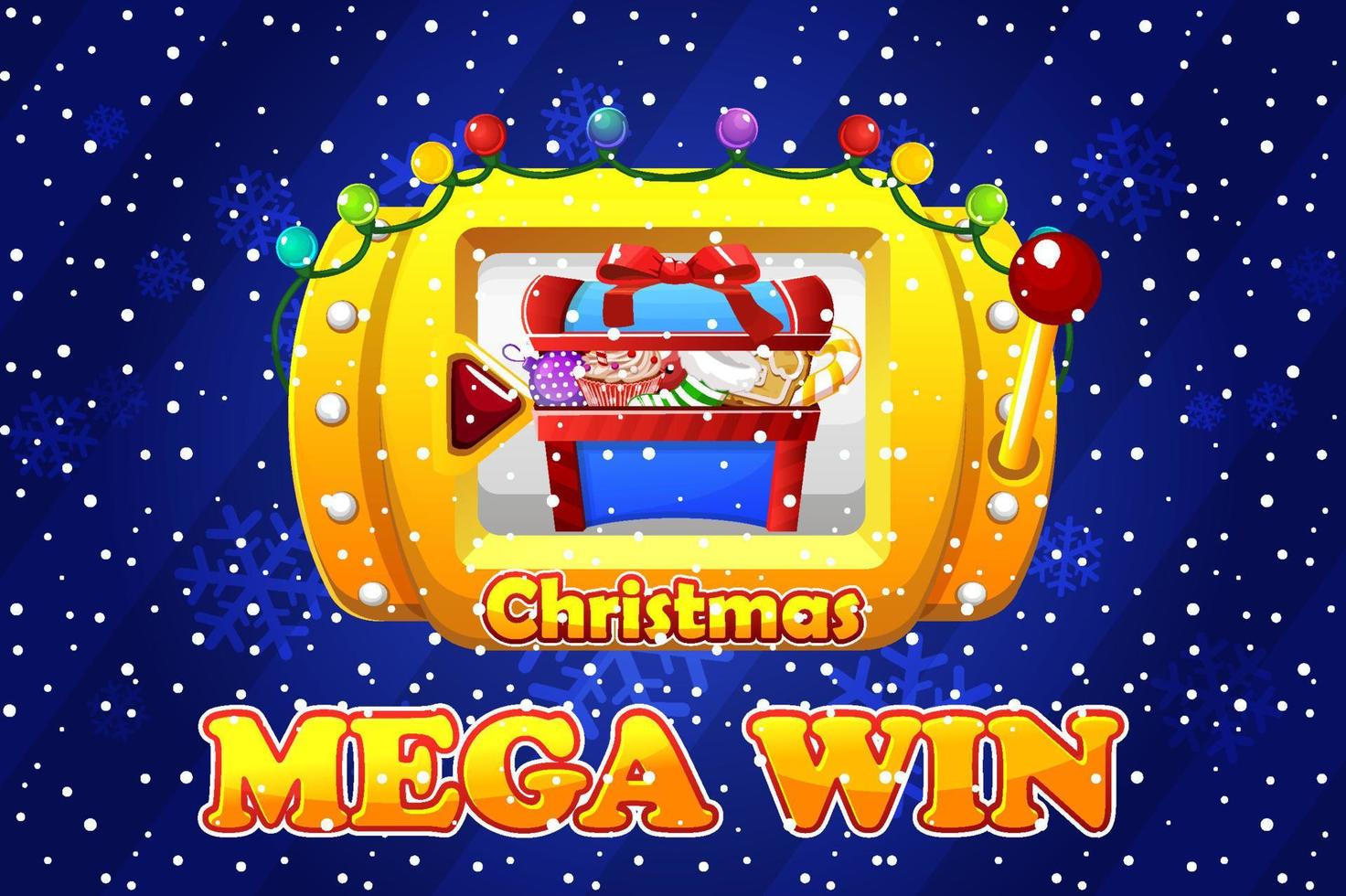 Christmas slot machine, chest with sweets, mega win screen for the game. Vector illustration golden jackpot machine with a garland on a snowy background.