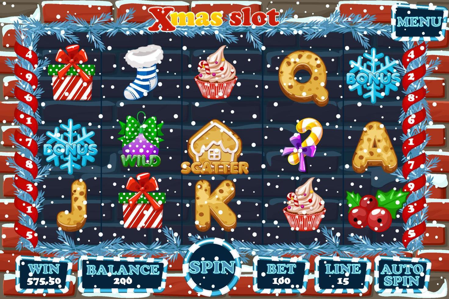 Christmas Slot, game UI interface menu and icons. Vector festive illustration Complete menu for casino game.