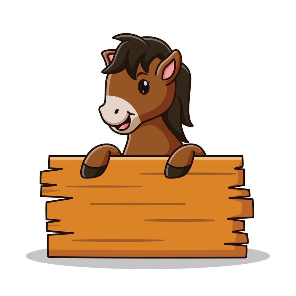 linda caricatura de caballo sosteniendo una tabla de madera. concepto de  icono de caballo. estilo de dibujos animados plana. adecuado para página de  inicio web, pancarta, volante, pegatina, tarjeta 11533786 Vector en
