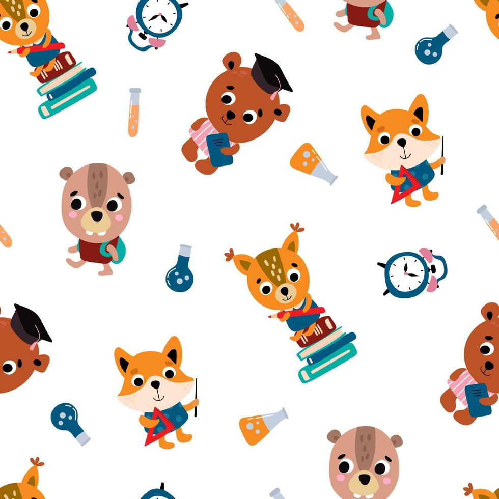School seamless pattern with cute little animals. Design for fabric, textile, wallpaper, packaging. vector