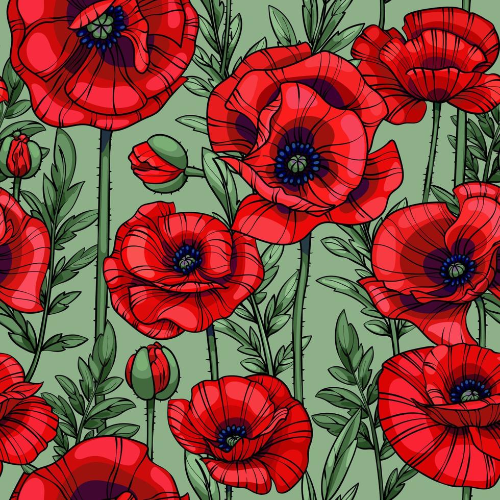 scarlet red poppies, flowers, leaves and stems, seamless vector pattern