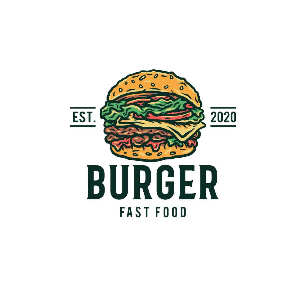 Ilustración de vector de logotipo de hamburguesa, línea dibujada a mano con color digital