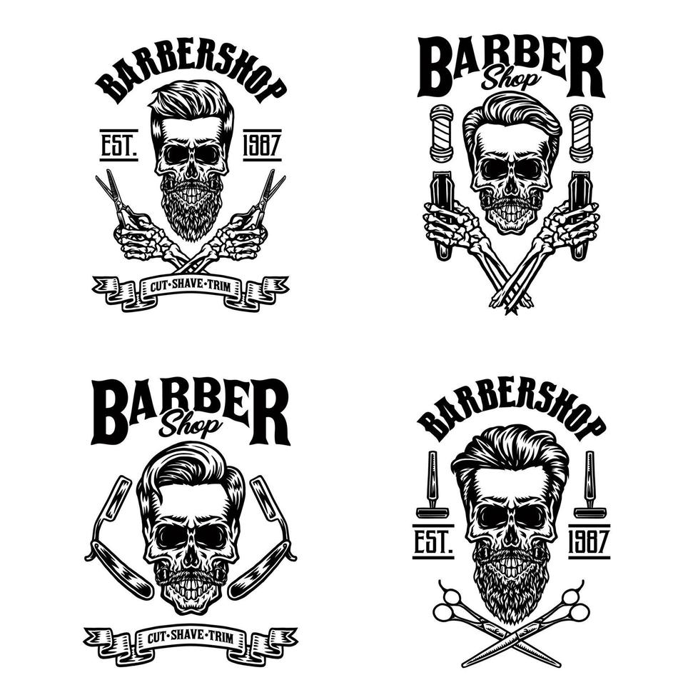 Set of vintage barber skull, isolated on white background vector