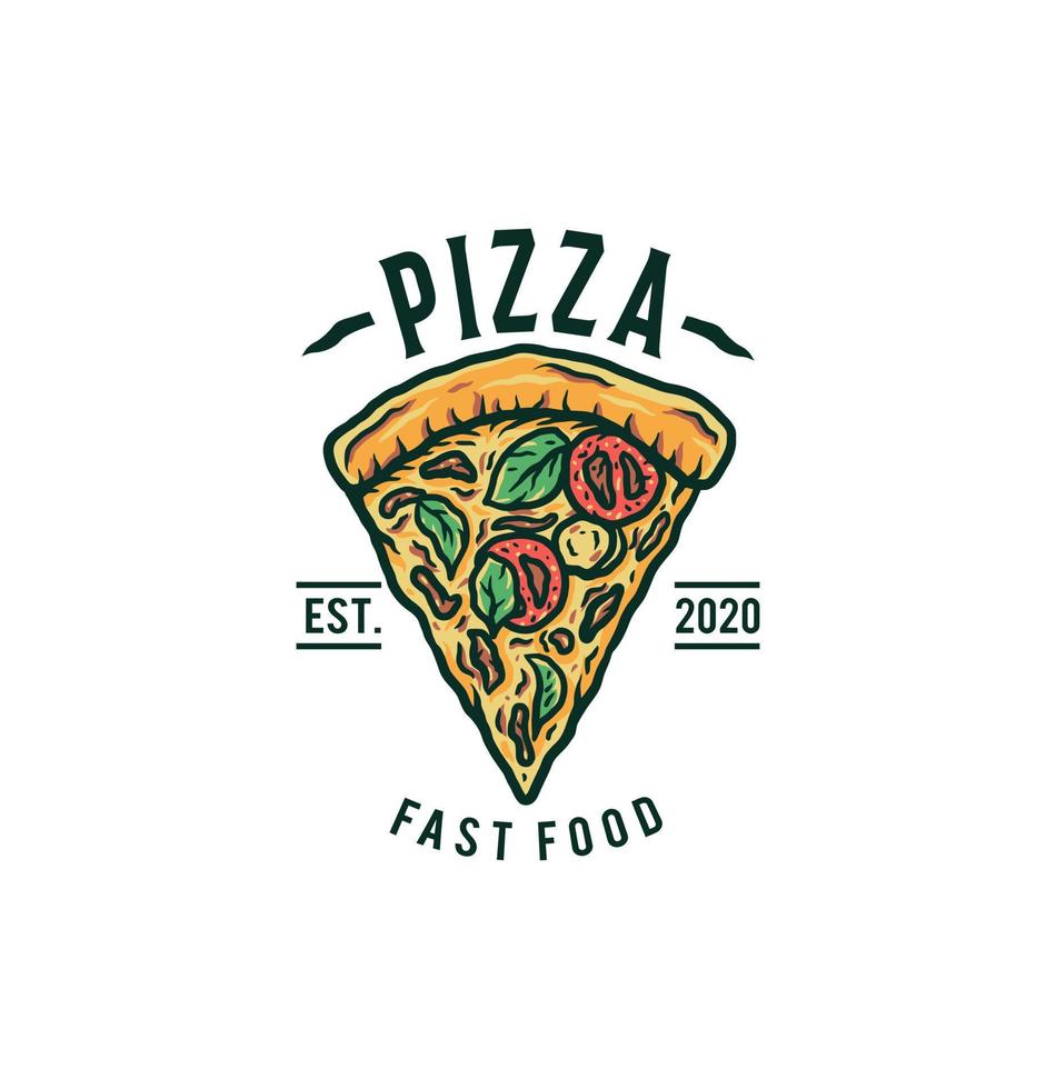 Ilustración de vector de logotipo de pizza, línea dibujada a mano con color digital