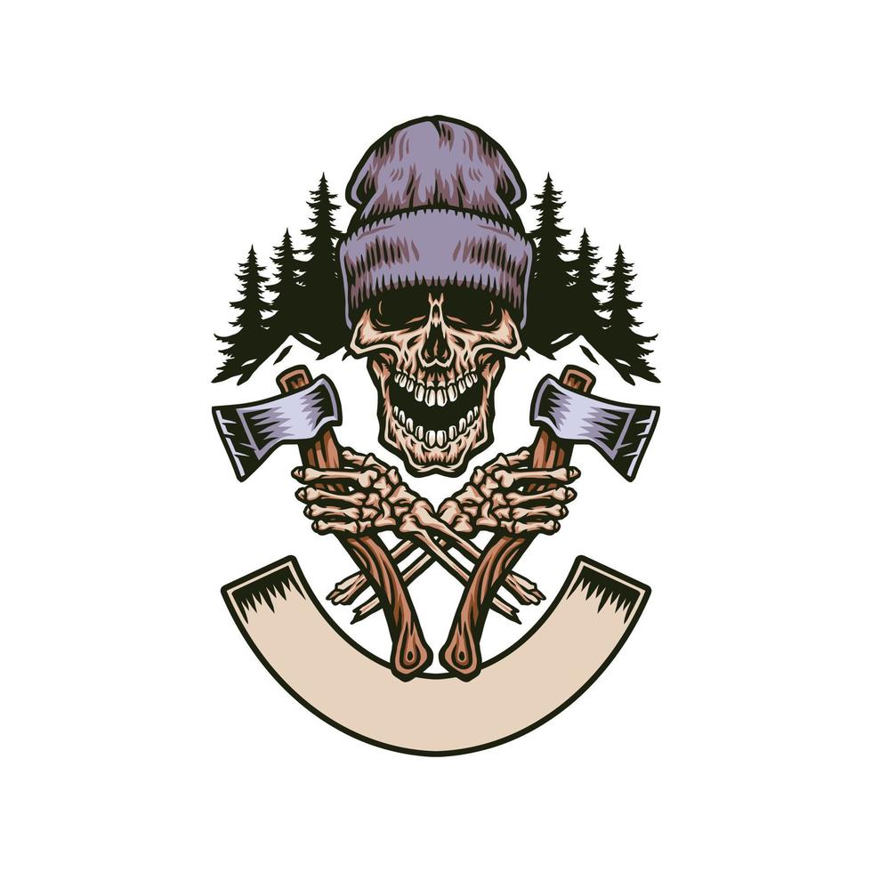 Lumberjack screamed skull with two axes, hand drawn line with digital color, vector illustration