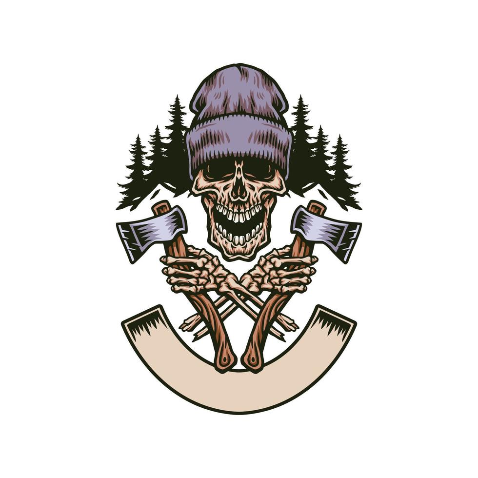 Lumberjack screamed skull with two axes, hand drawn line with digital color, vector illustration