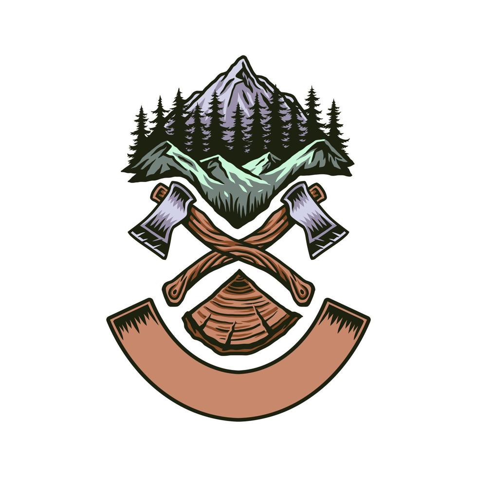 Vector illustration of axe and mountain, hand drawn line with digital color, vector illustration