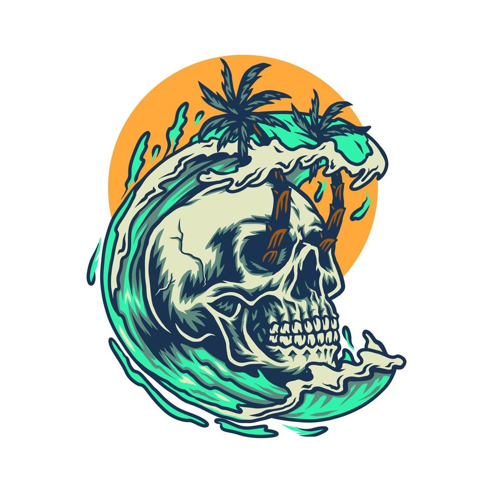 diseño gráfico de camiseta de playa de verano de cráneo, estilo de línea dibujada a mano con color digital, ilustración vectorial vector