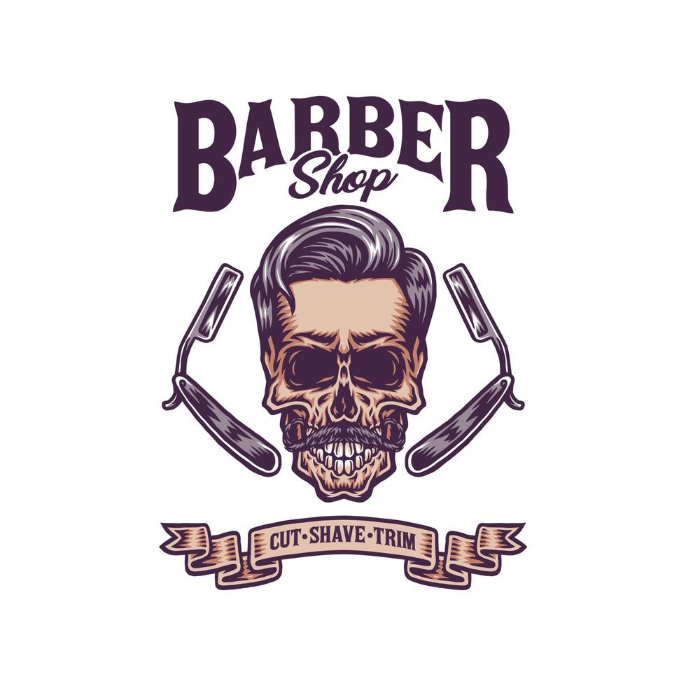 Vintage bearded barber skull, hand drawn line with digital color, vector illustration