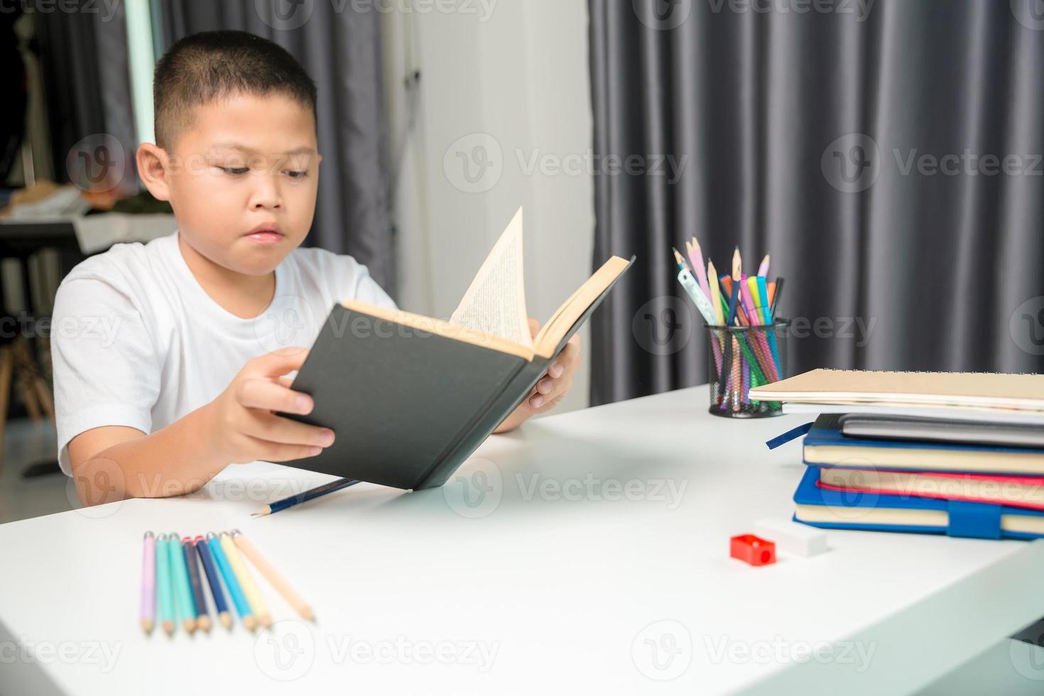 Boy person sitting study indoor at home, Male kid student online learning and doing homework on desk, young child reading and writing a book on table. concept of education, technology cyberspace photo