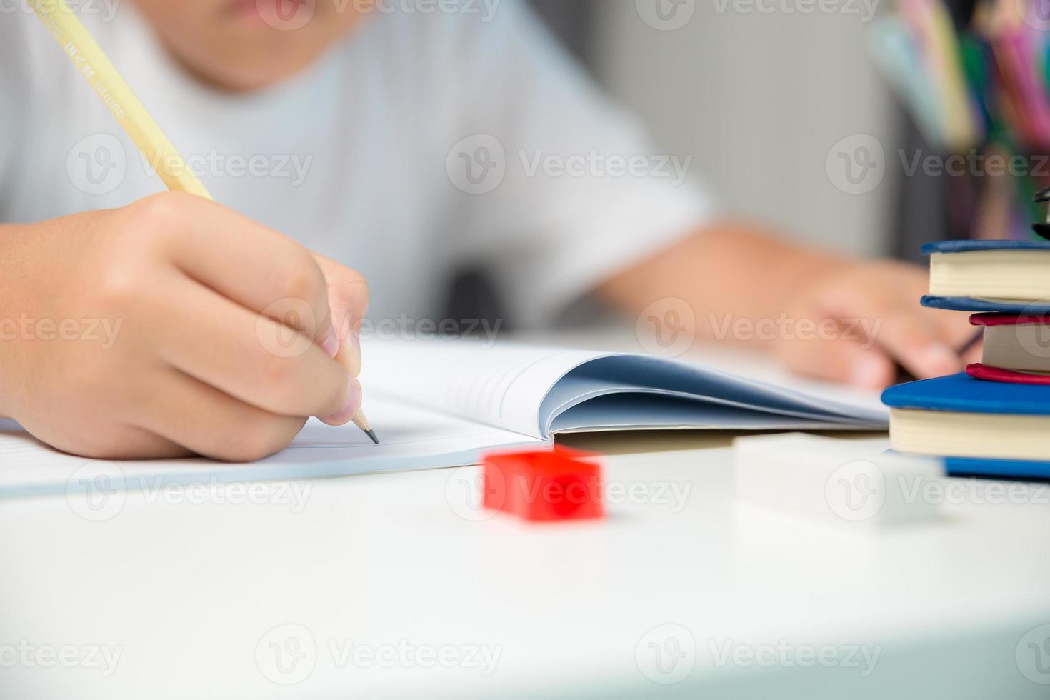 Boy person sitting study indoor at home, Male kid student online learning and doing homework on desk, young child reading and writing a book on table. concept of education, technology cyberspace photo