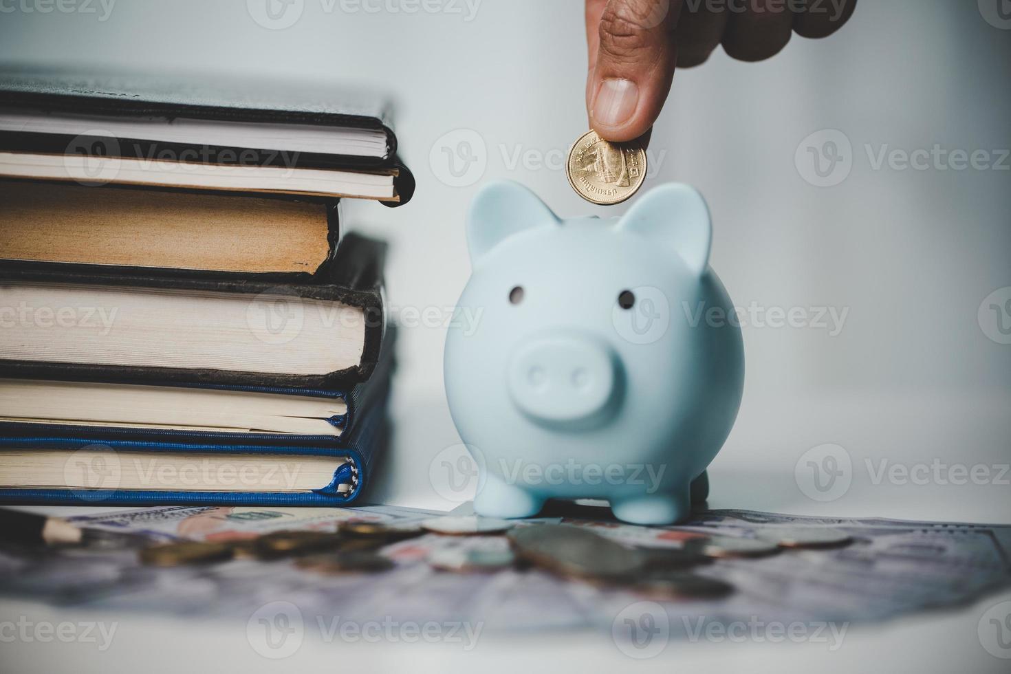 close-up education object with stack money coin-cash dollar and glass jar on background. Concept to saving money income for study, Calculating student finance costs and investment budget loan photo