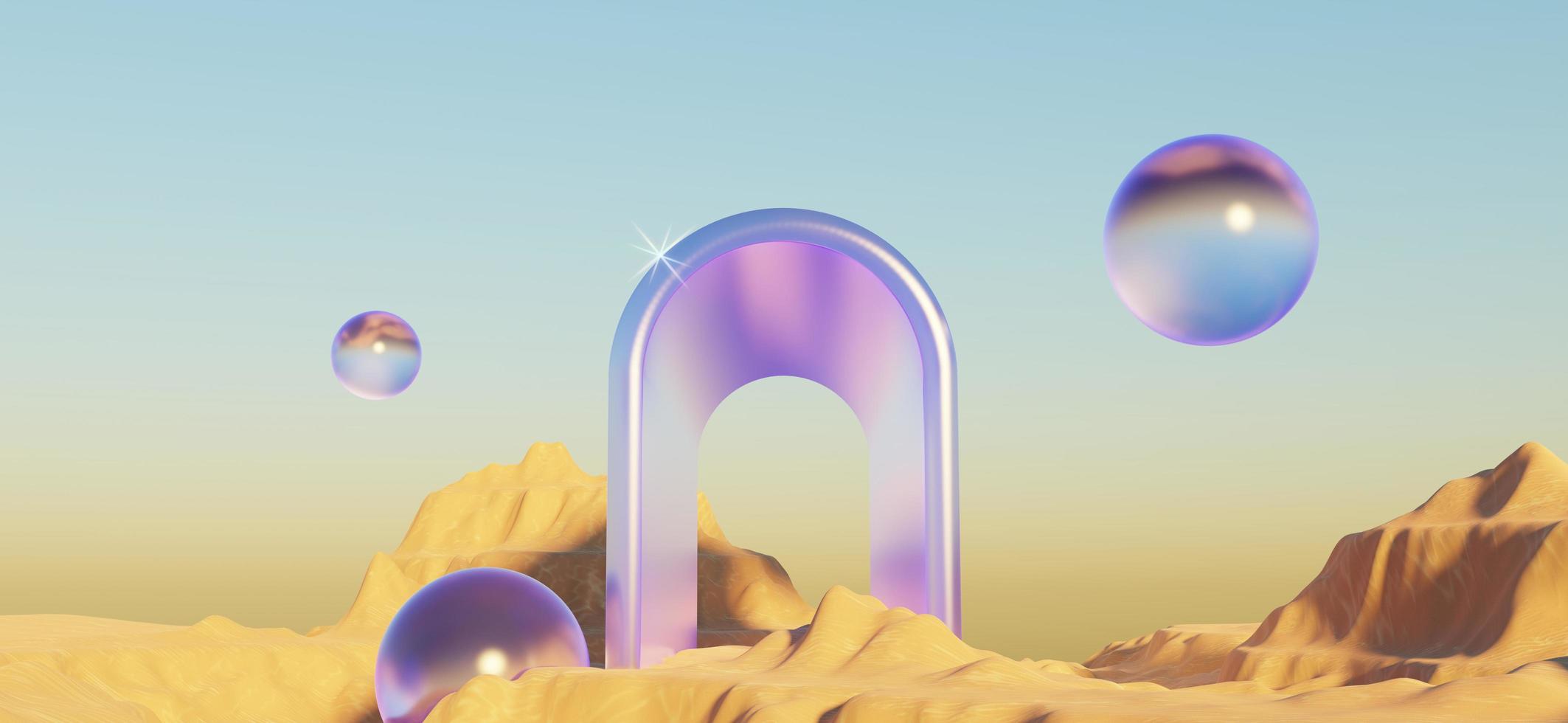Abstract Dune cliff sand with metallic Arches and clean blue sky. Surreal minimal Desert natural landscape background. Scene of Desert with glossy metallic arches geometric design. 3D Render. photo