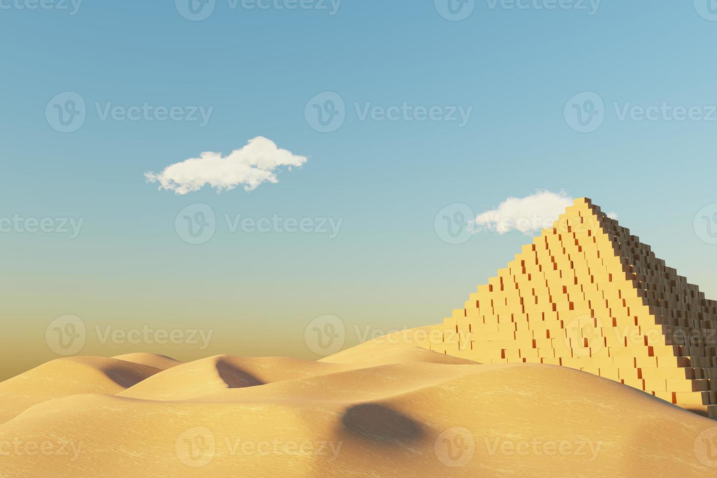 Abstract Desert Dune cliff sand with Egyptian Pyramid and clean blue sky. Surreal minimal Desert natural landscape background. Scene of Sands with glossy metallic arches geometric design. 3D Render. photo