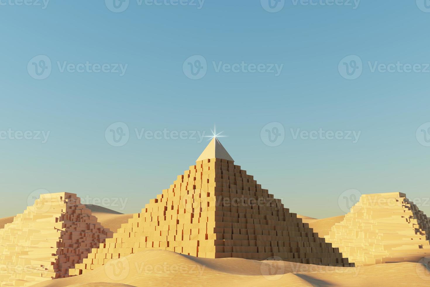 Abstract Desert Dune cliff sand with Egyptian Pyramid and clean blue sky. Surreal minimal Desert natural landscape background. Scene of Sands with glossy metallic arches geometric design. 3D Render. photo