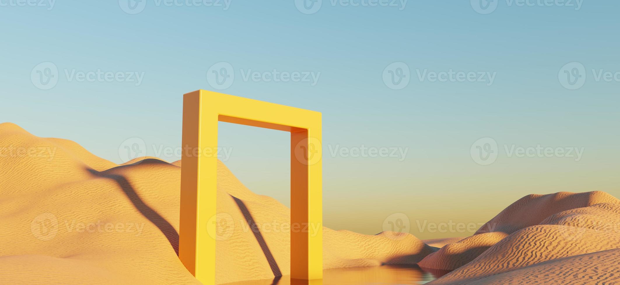 Abstract Dune cliff sand with metallic Arches and clean blue sky. Surreal minimal Desert natural landscape background. Scene of Desert with glossy metallic arches geometric design. 3D Render. photo