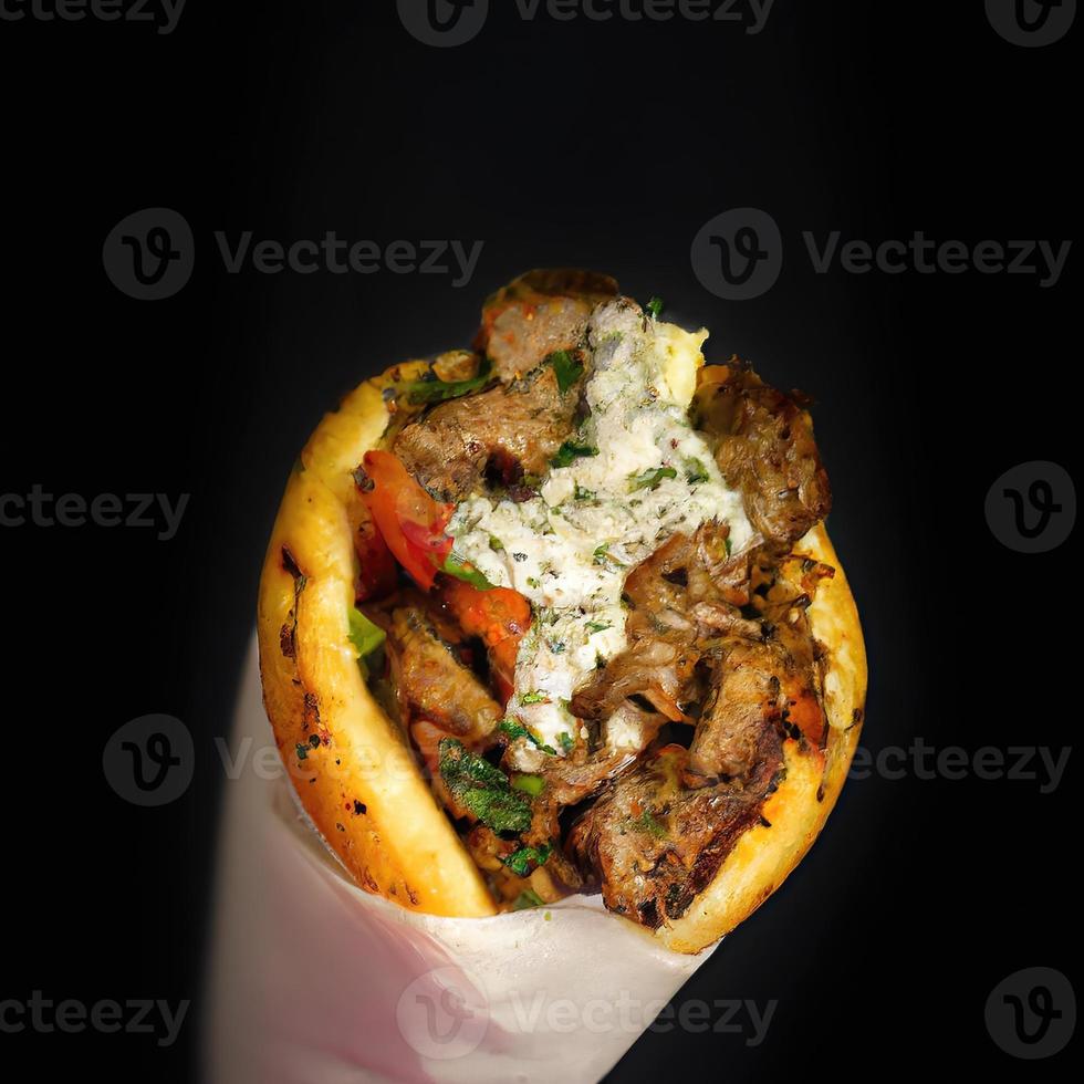 GREEK GYRO product shot, black bokeh background premium photo