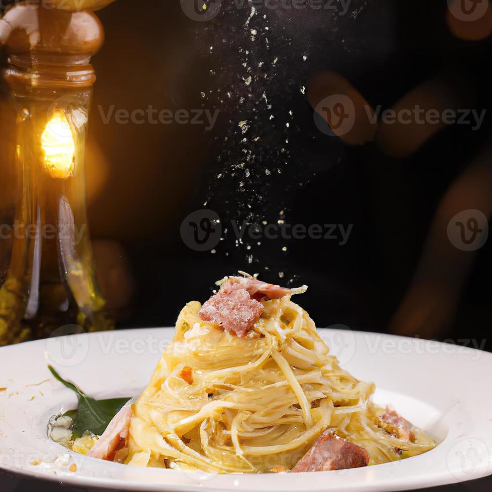 Spaghetti Carbonara product shot, black bokeh background premium photo