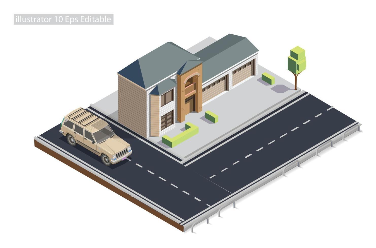 mansión isométrica al borde de la carretera en la acera editable en 10 eps. ilustración isométrica vectorial perfecta para diagramas, infografías y otros activos gráficos vector