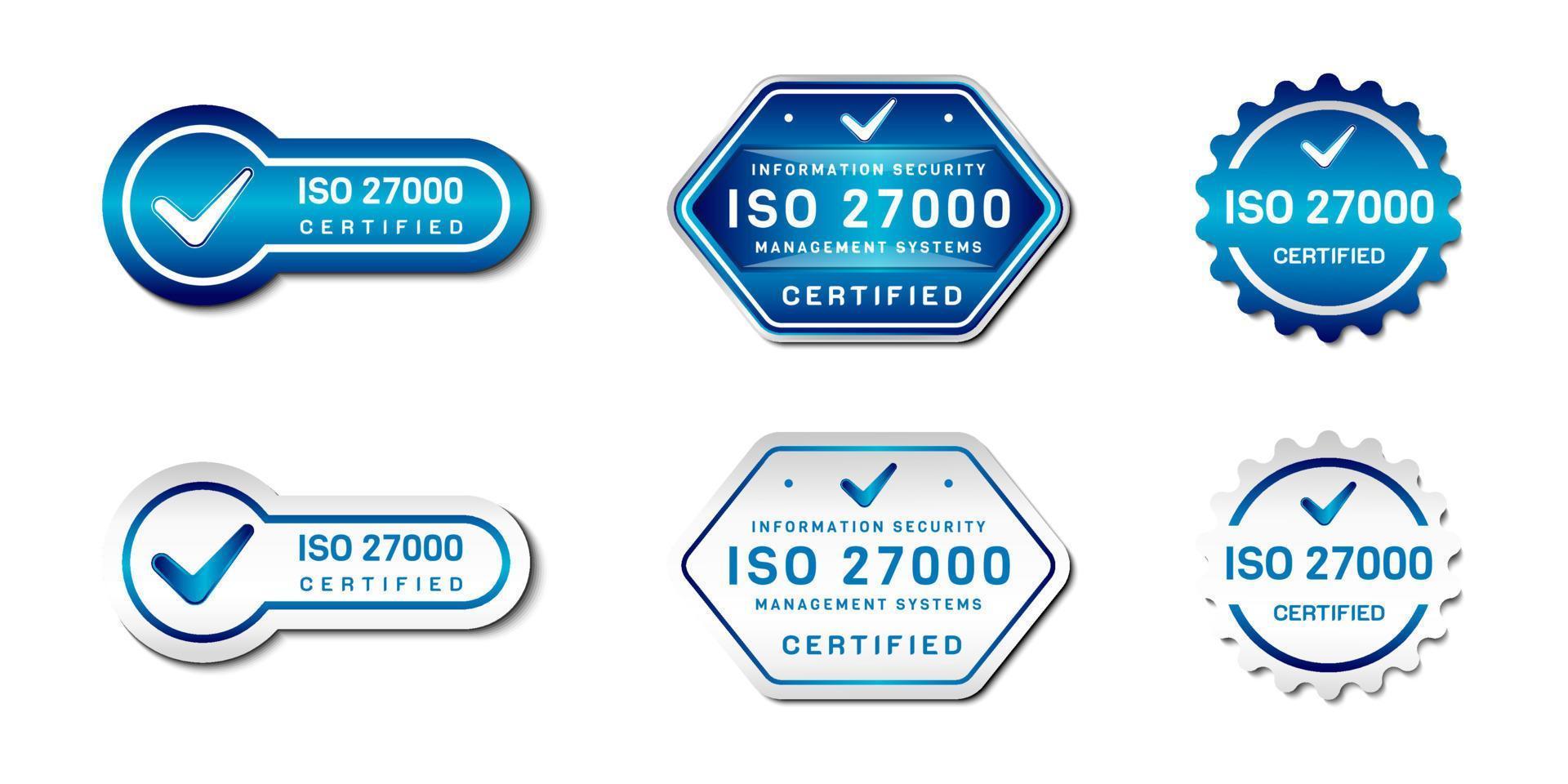 sello de etiqueta certificado iso 27000. Signo de sistemas de gestión de seguridad de la información alimentaria. con icono de verificación. en degradado de color azul y blanco. plantilla de vector de emblema premium y de lujo