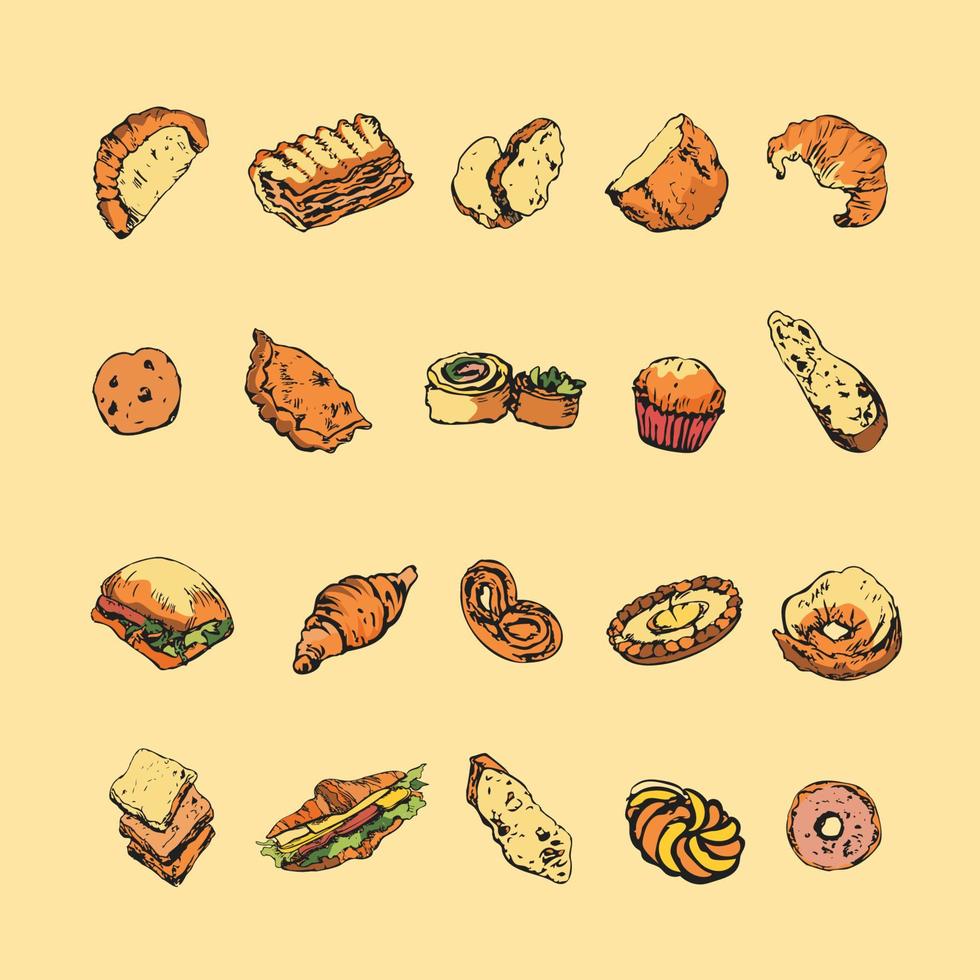 pan dibujado a mano de color, conjunto de productos de panadería vector