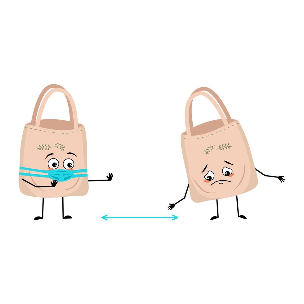 lindo personaje de bolsa con cara en máscara médica mantener distancia, brazos y piernas. comprador persona con expresión de cuidado y pose. ilustración plana vectorial vector