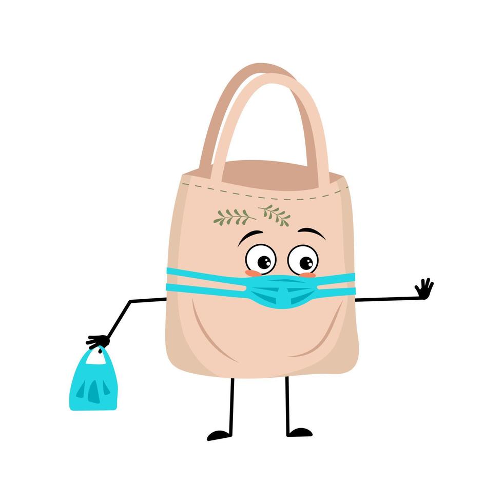 Cute bag character with face in medical mask keep distance, arms and legs. Shopper person with care expression and pose. Vector flat illustration