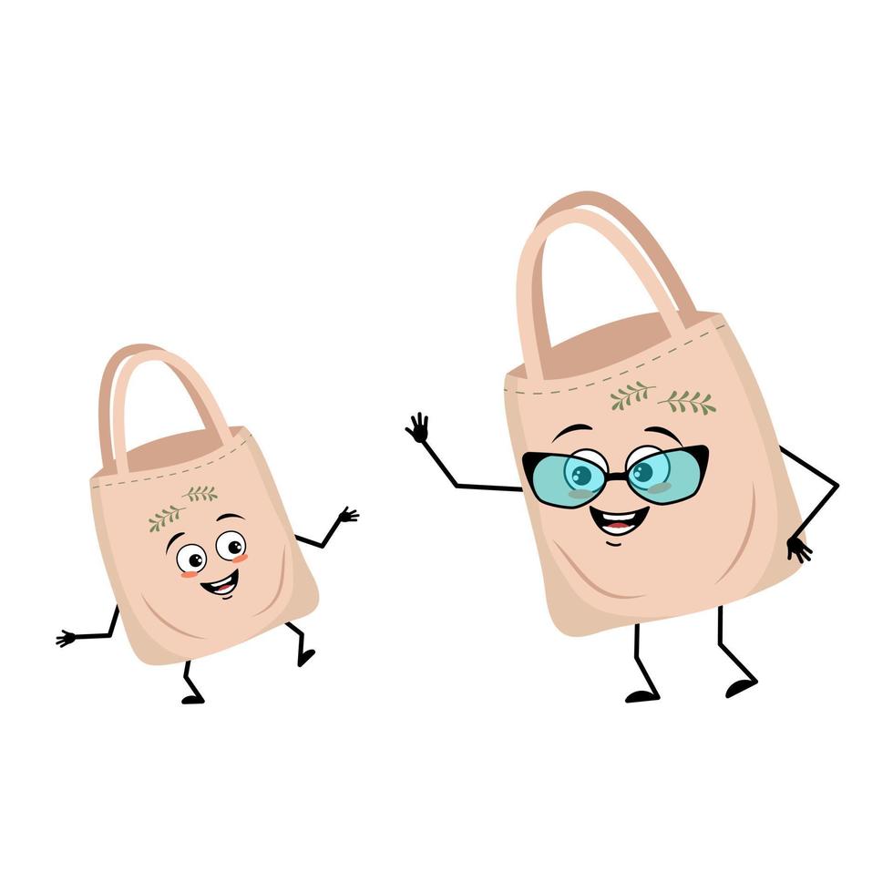 Cute bag character with glasses and grandson dancing character happy emotion, face, smile eyes, arms and legs. Shopper with funny face, ecological alternative to plastic bag. Vector flat illustration