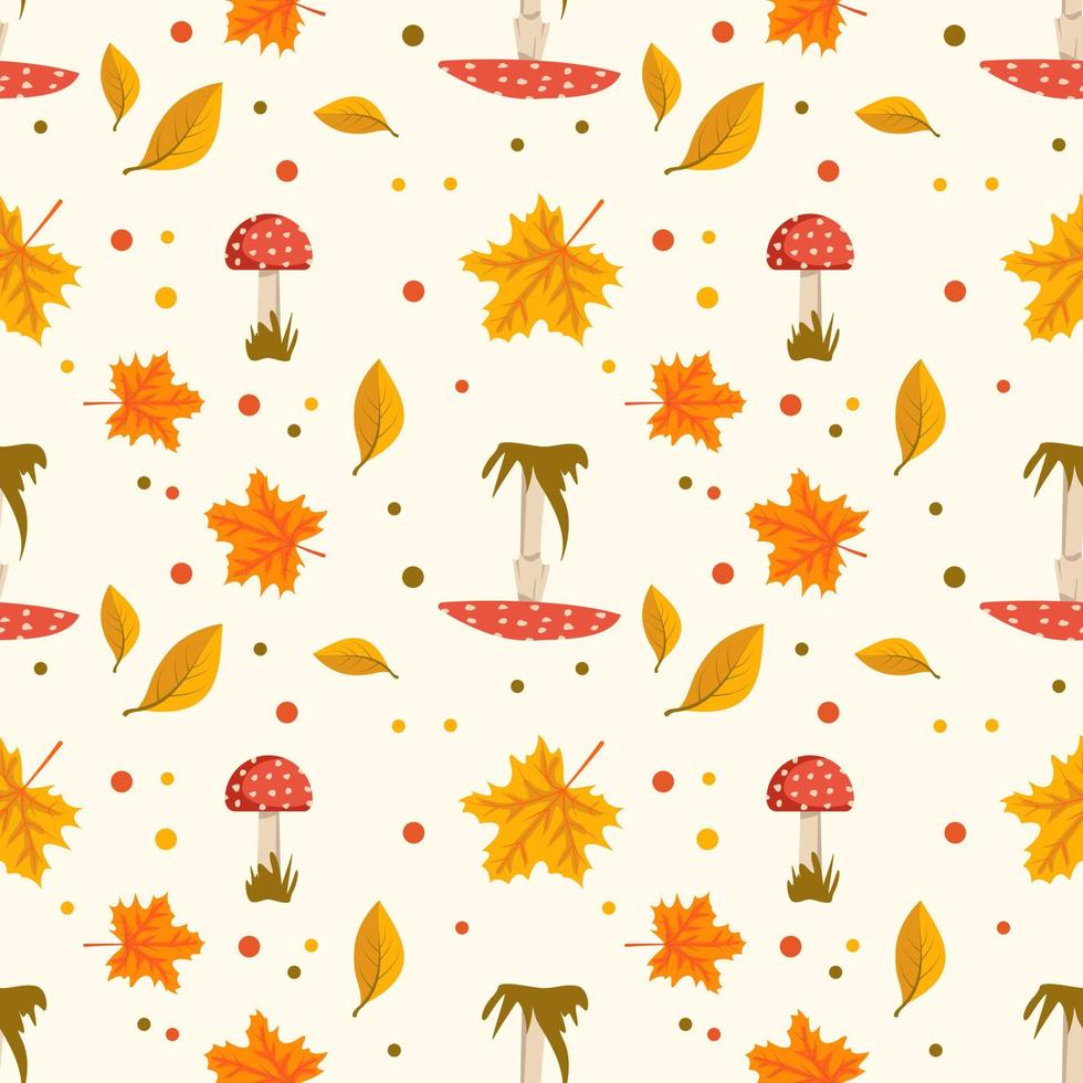 Autumn seamless pattern with orange maple, rowan leaves and fly agaric mushrooms with red caps and white dots. Bright fall print. Decoration for holiday. Vector flat illustration