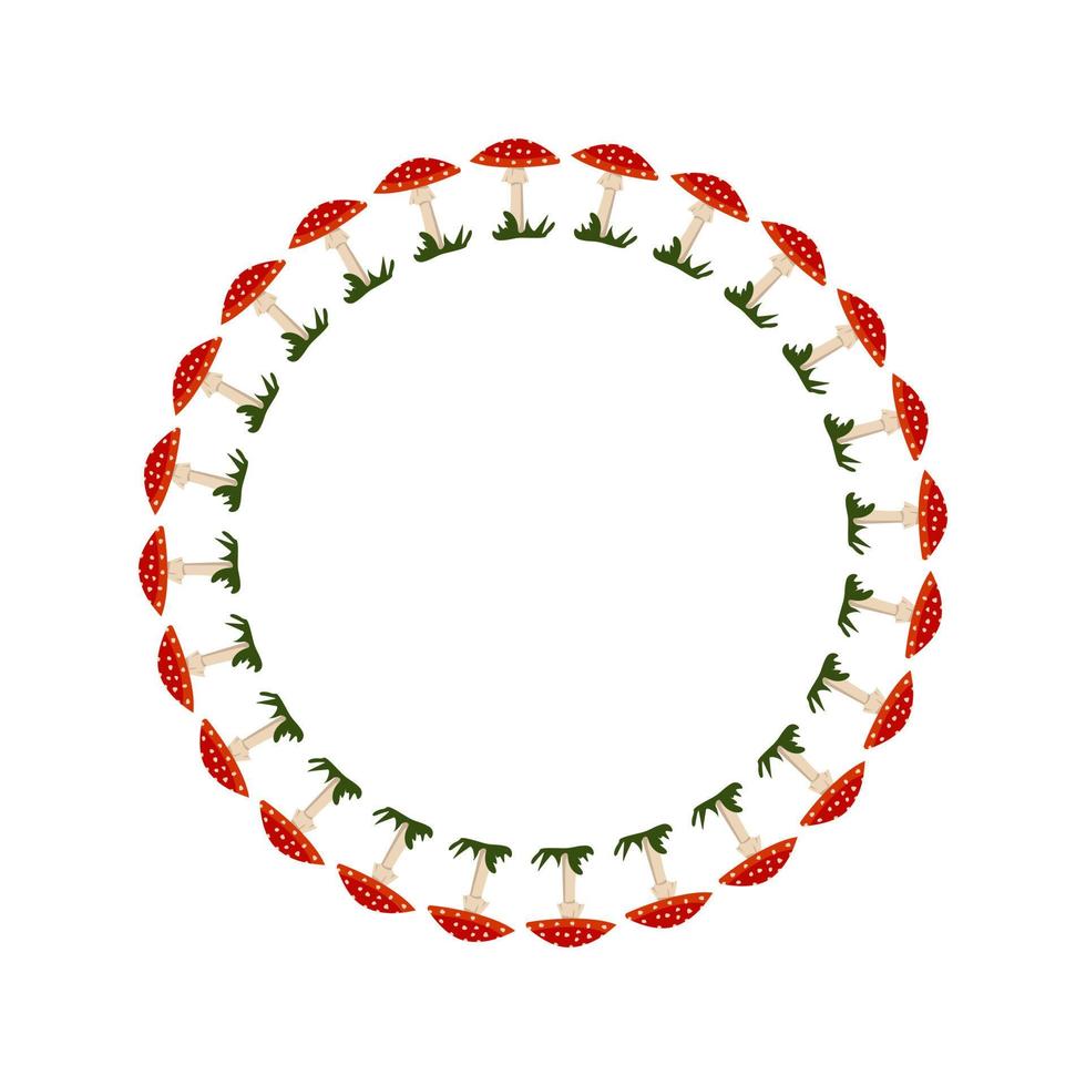 Round frame with red fly agaric mushroom with white dots. Bright autumn wreath with gifts of nature and empty space for text. Decoration for halloween and holiday. Vector flat illustration