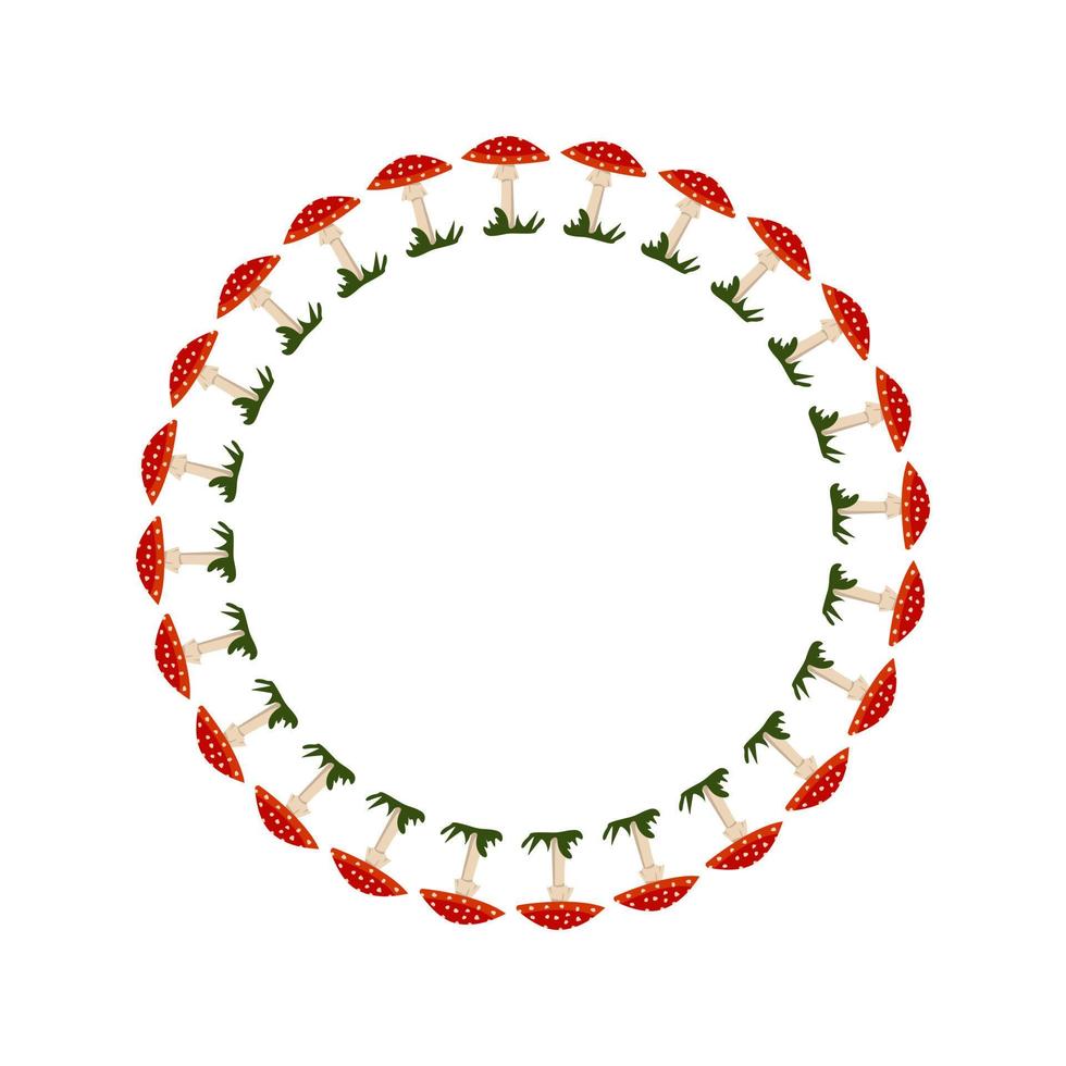 Round frame with red fly agaric mushroom with white dots. Bright autumn wreath with gifts of nature and empty space for text. Decoration for halloween and holiday. Vector flat illustration