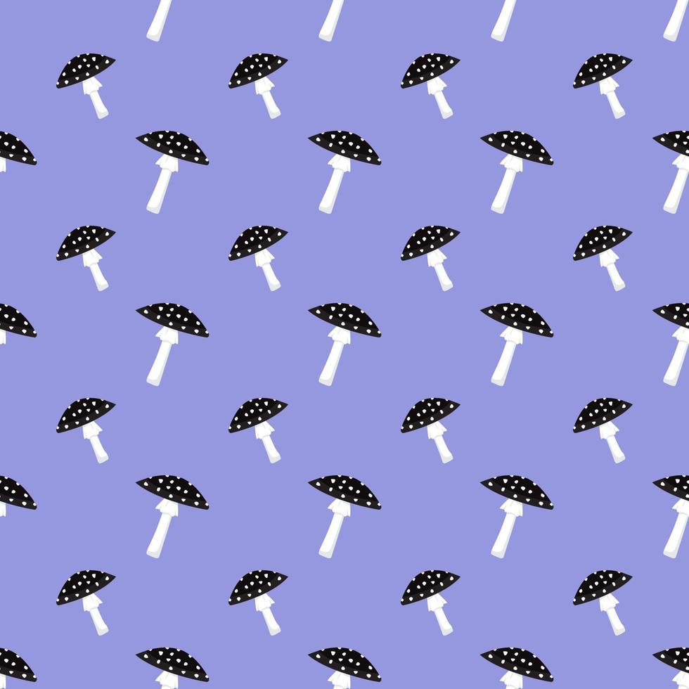 Seamless pattern with black fly agaric mushrooms with white dots on purple background. Bright fashion fly agaric print vector