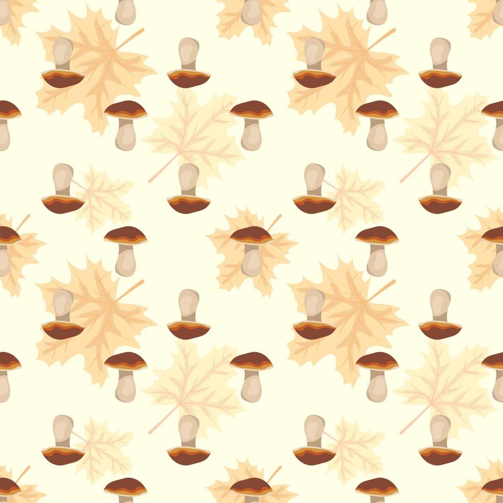 Set of seamless patterns with mushrooms and pale orange maple leaves together and separately on yellow background. Bright autumn print with gifts of nature. Vector flat illustration