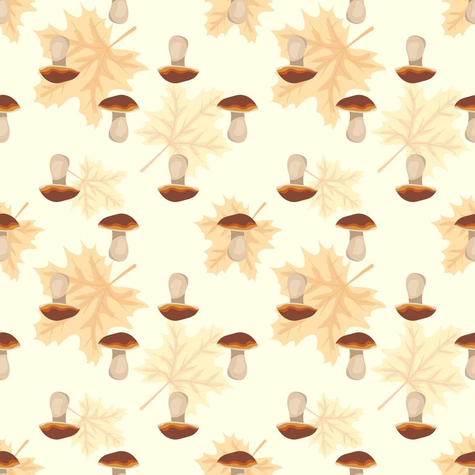 Set of seamless patterns with mushrooms and pale orange maple leaves together and separately on yellow background. Bright autumn print with gifts of nature. Vector flat illustration