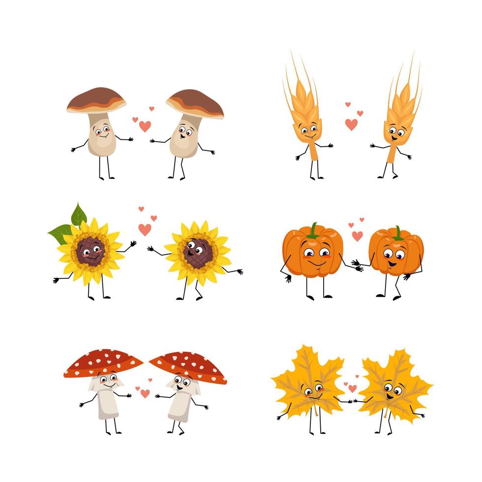 Set of autumn people made leaves, fly agaric mushrooms, pumpkin, sunflower and wheat ear with happy face, smile eyes, in love with emotion, holding hands and with legs. Festive decoration vector